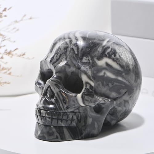 5''Natural Picasso Crystal Skull Head Hand Carved Reiki Healing Stone Statue Healing Home Office Art Room Decoration (Picasso Stone / 5inch)