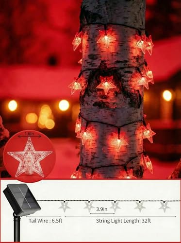 Solar Twinkle Star String Lights Outdoor Waterproof 39FT (Red)