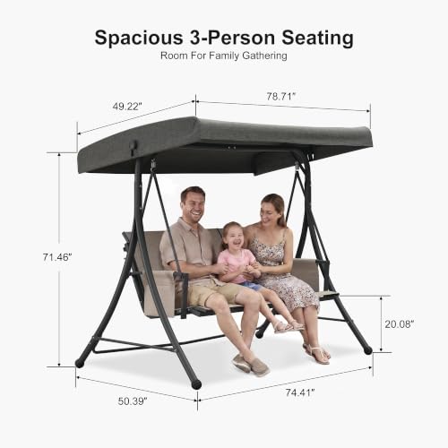 3 Seat Outdoor Porch Swing with Adjustable Canopy (Light Gray(textilene) / Porch Swing)