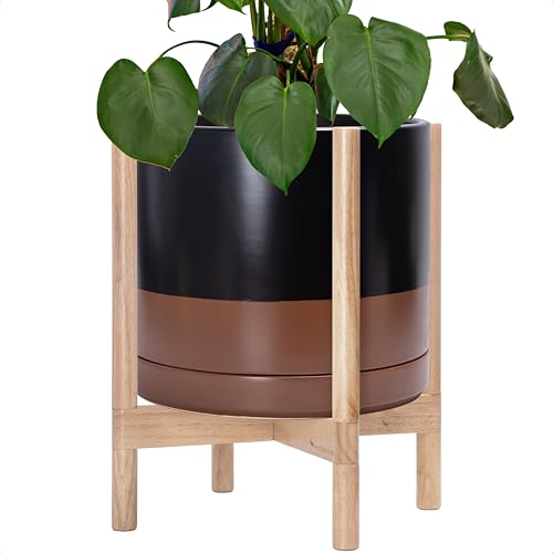 Ceramic Pot with Natural Wood Stand (14 Inch / Black/Speckled Tan Pot + Natural Stand)