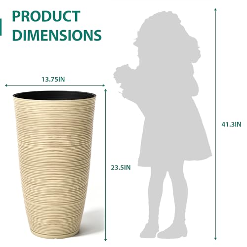 AUTODAYA 23.5" Tall Planters for Outdoor Plants (23.5"h-ivory Stripes Texture)
