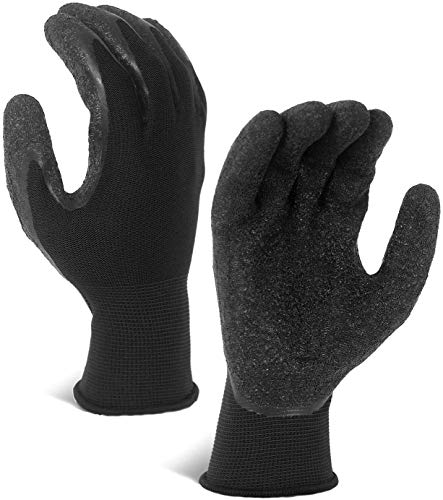 Crinkle Latex Rubber Coated Safety Work Gloves for Men Women (X-Small / Black-12 Pairs)