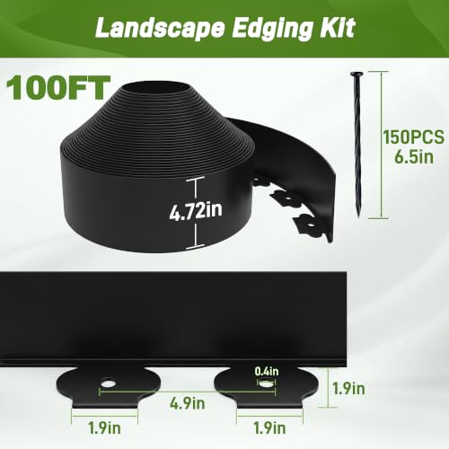 4.72 Inch x 100FT Landscape Edging Border with 150 Stakes (Black / 4.72Inch X 100FT)