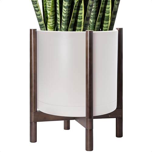 Plastic Pot with Walnut Wood Stand (Oatmeal Pot + Walnut Color Stand / 16 Inch)