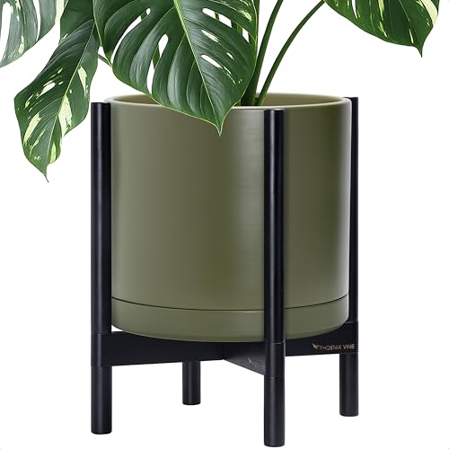 Ceramic Pot with Ebony Wood Stand (14 Inch / Olive Pot + Ebony Stand)