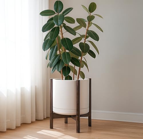 Ceramic Pot with Walnut Wood Stand (14 Inch / Oatmeal Pot + Walnut Color Stand)