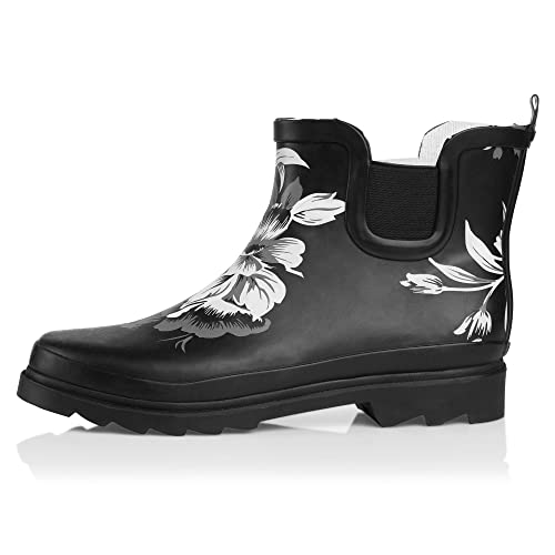Women's Waterproof Ankle Rain Boots (9 / Black Floral Matte)