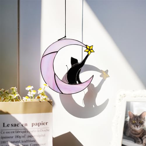 6.5'' Stained Glass Window Hanging Suncatcher (Black Cat With Moon)