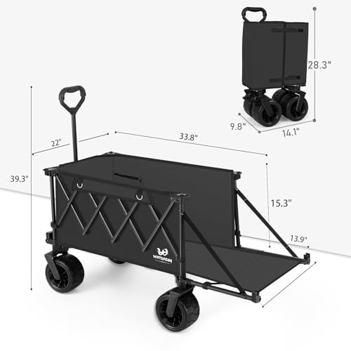 Collapsible Folding Wagon Heavy Duty Utility Beach Wagons with Opened Tailgate and All (Black / No Table)