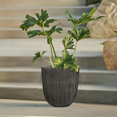 12.4"H Tall Tapered Ribbed Plastic Plant Pot with Drainage Hole & Plug (Vintage Black / 12.4in)