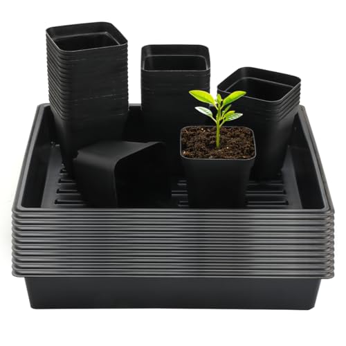 4 inch (10CM) Square Nursery Pots 120pcs, Sturdy Seedlings Trays 10 Pcs, Seeds Starter Germination Tray, Microgreening Planter Nursery Propagation 10 Sets (4" Pots-120P + 16.2" x 13.2" x 2.6" Trays-10P)