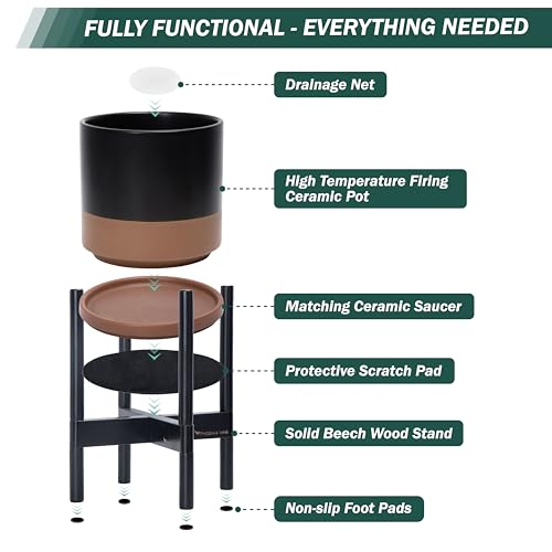 Ceramic Pot with Ebony Wood Stand (14 Inch / Black/Speckled Tan Pot + Ebony Stand)