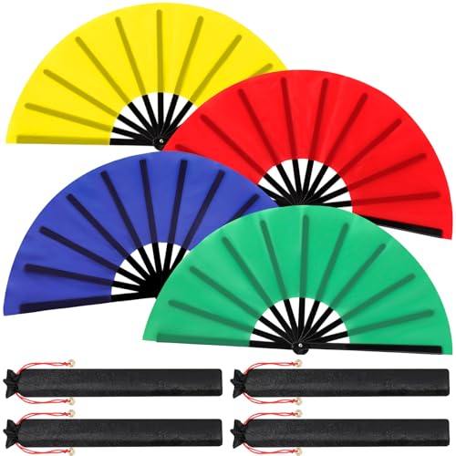 4 Packs Large Folding Hand Fans (Red,yellow,green and Blue)