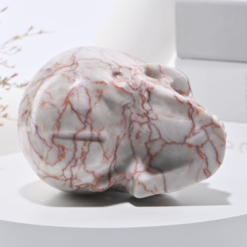 5''Natural Red Grid Crystal Skull Head Hand Carved Reiki Healing Stone Statue Healing Home Office Art Room Decoration (Red Grid Stone / 5inch)