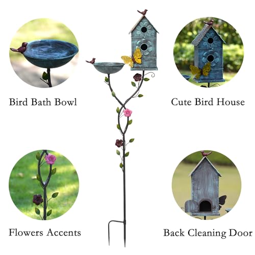 57" H Metal Bird Bath Bowl and Bird House 2 (Blue)