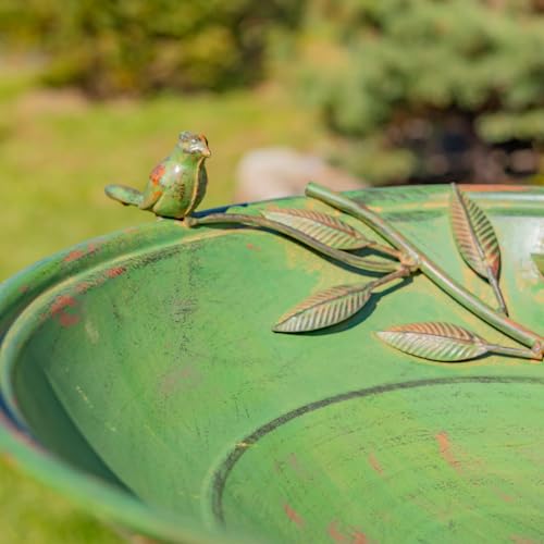Deep Well Made Metal Birdbath with 2 Cast Iron Birds and Leaf Decoration (Verdi Green)