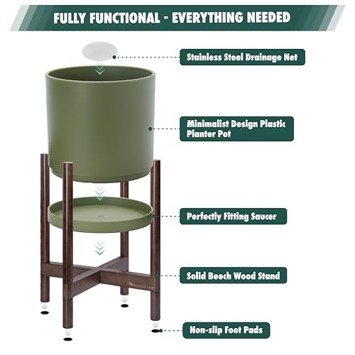 Plastic Pot with Walnut Wood Stand (Olive Pot + Walnut Color Stand / 16 Inch)