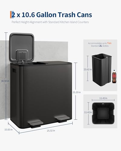 2 x 10.6 gal Stainless Steel Double Trash Can with Lid for Kitchen (Matte Black / 2 x 10.6 Gallon)