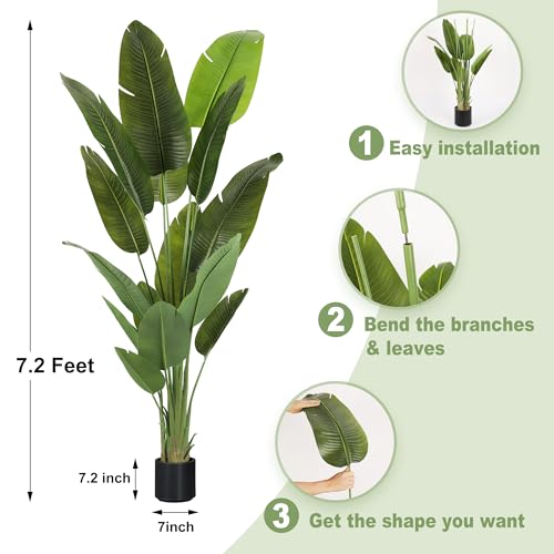 Large Artificial Trees 7.2Ft Silk Bird of Paradise Big Tall Fake Plants Faux Green Silk Floor Potted Plants for Home Living Room Office Decor Indoor Outdoor… (7ft 2in)
