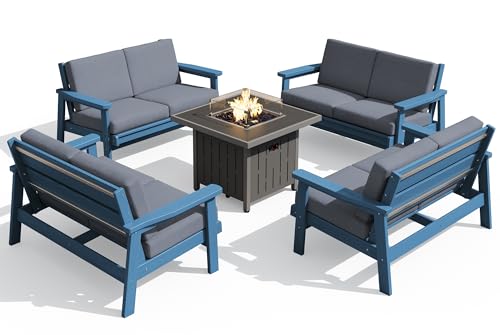HDPE Patio Furniture Set with 33” Square Fire Pit Table (Blue/Grey)