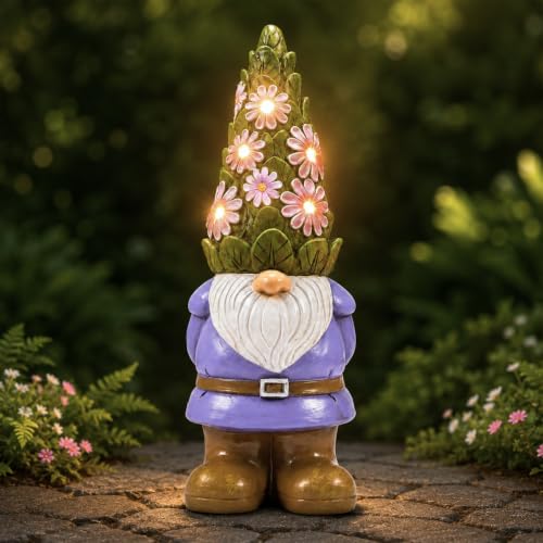 Solar Garden Gnome Statue (Flower Hat Gnome)