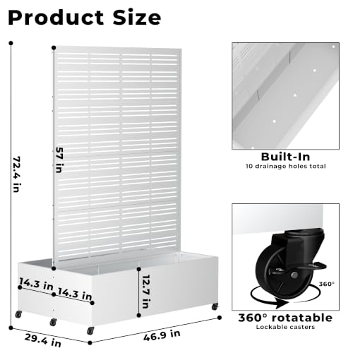 Double Metal Planter Box with Trellis Privacy Screen (White Line / 73"x 47"x 30")