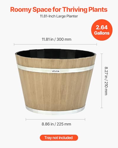 Plant Pots 4 Pack 11.81 inch Whiskey Barrel Planters with Drainage Holes (11.81 in, 4 Pcs / Modern)