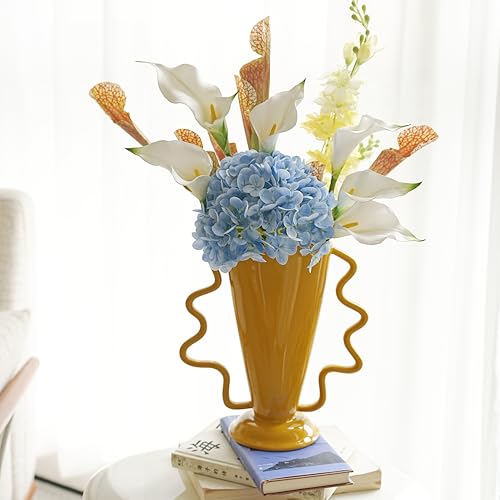 Yellow Rotary Vase Medieval Flower Vessel Living Room Entrance Personalized Simple Wabi Sabi Decorative Ornament Ceramic Ornament (Yellow)