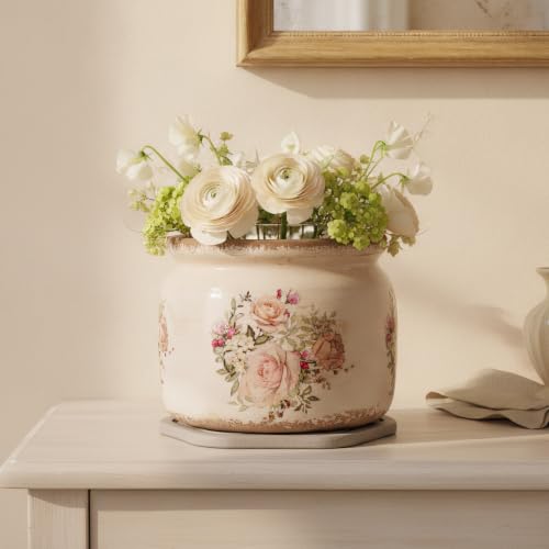 Shabby Chic Ceramic Plant Pots with Decorative Saucer (Pink / 7.7 in - w/ Saucer)