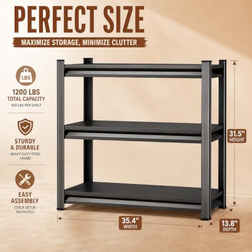 Heavy Duty Metal Bookshelf Adjustable 3 Tier Book Shelf with Bolt (3Tier 31.5"H×35.4"W×13.8"D)