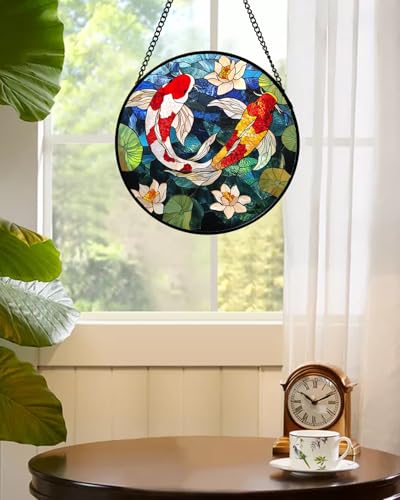 Stained Glass Window Hanging Carp Suncatcher Gifts for Women 7.8" (Red and White / 7.8x7.8 IN)