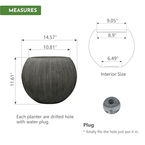 11.8" H x 14.5" D Large Round Plastic Planter with Drainage Hole & Plug (Vintage Black)