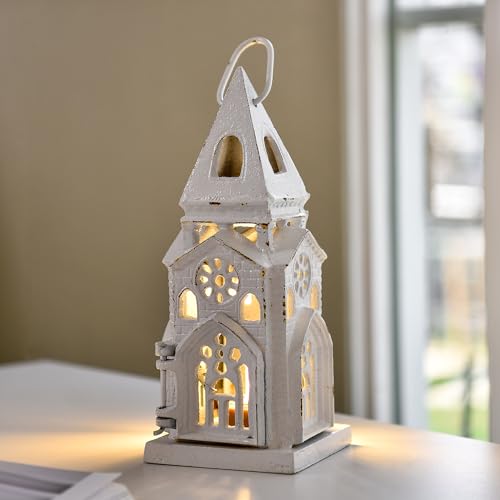 Cast Iron Church Lantern Candle Holder (Rustic White - Church)