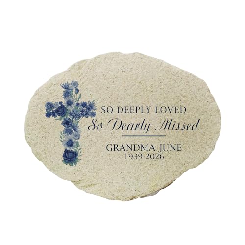 Personalized Blue Floral Memorial Cross Small Flat Garden Stone (Blue Cross / Small)
