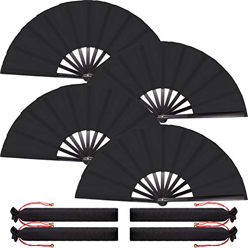 4 Packs Large Folding Hand Fans (Black)