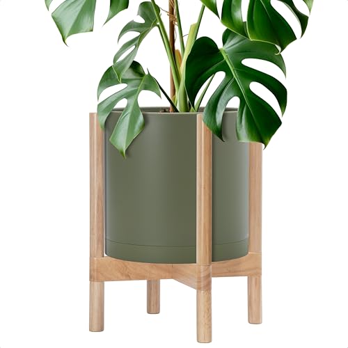 Plastic Pot with Natural Wood Stand (Olive Pot + Natural Stand / 12 Inch)