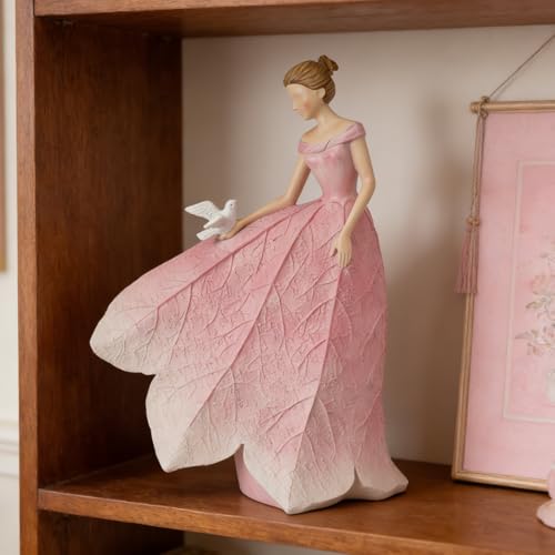 Pink Leaf Angel Girls Fairy Statue (Pink-bird / Large)