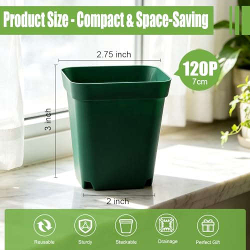 2.75 Inch Square Nursery Pots with Drainage Holes for Plants (Green-120p / 2.7" 120P)
