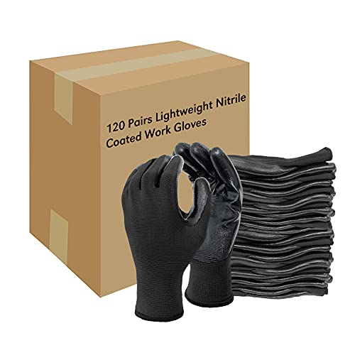Nitrile Coated Work Gloves for Men & Women (Black 120 Pairs / Large)