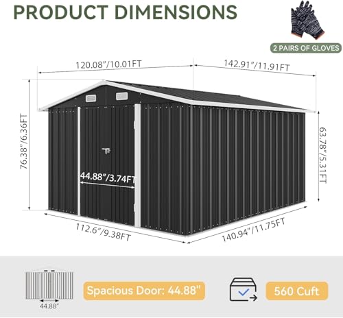 10 x 12FT Outdoor Storage Shed with Double Hinged Large Door (Black / 10'x12')