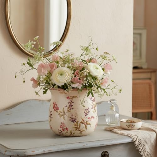 French Farmhouse Ceramic Flower Pot & Utensil Holder for Indoor (Cottage Meadow)
