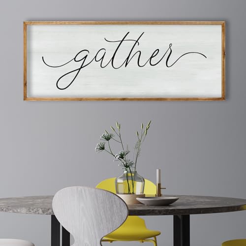 Dining Room Wall Decor Gather Sign 32"×12" for Home Kitchen Cozy Family Reunion Plaque Large Rustic Vintage minimalist Farmhouse Living Room Wood Framed Hanging Art (32"L x 12"W / Gather Sign (Wood))