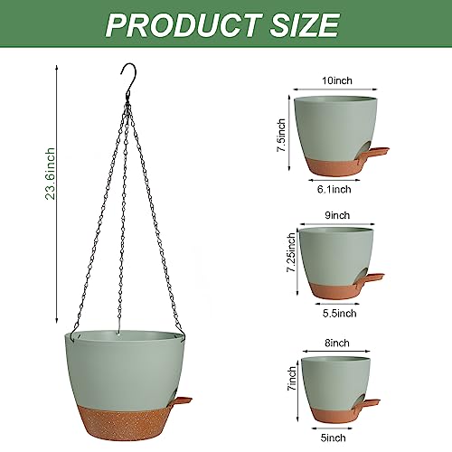 10/9/8 Inch Hanging Planter for Indoor Outdoor Plants, 3 Pack Self-Watering Hanging Pot with Drainage Holes Hanging Planter Baskets Plant Pots with Removable Tray (Green+Brown) (3 Count)