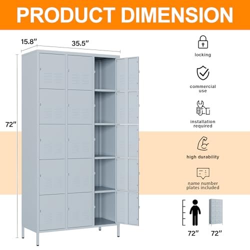 Metal Locker with 15 Doors Employees Locker (Grey(4 Legs) / 15 Doors-Wide-71")