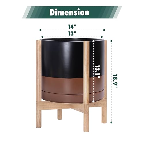 Ceramic Pot with Natural Wood Stand (14 Inch / Black/Speckled Tan Pot + Natural Stand)