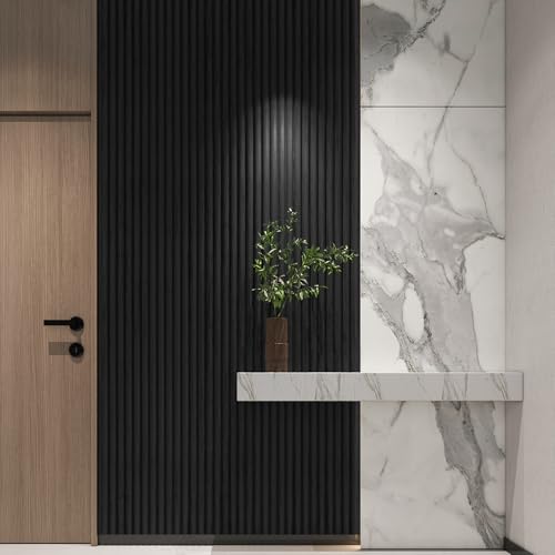108 x 5.7 Inch Fluted Wood Wall Paneling for Home Decor (8Pcs-108 x 5.7 Inch / Beaded Black)