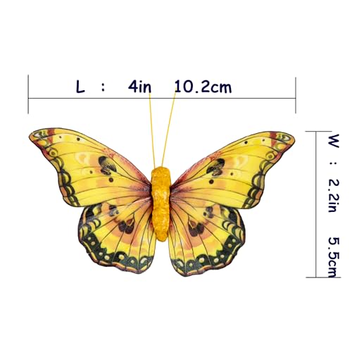 Artificial Feather 3D Butterfly Party Decorations Set of 12 with Wire 6 Color Yellow Series Ornaments for Home Decoration (E Wire)