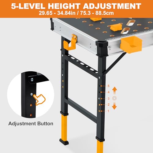 Portable Workbench 1000Lbs Capacity 2026 Upgraded Adjustable 5 Level Height Heavy Duty Folding Work Table with 2 Quick Clamps (Adjustable Height)
