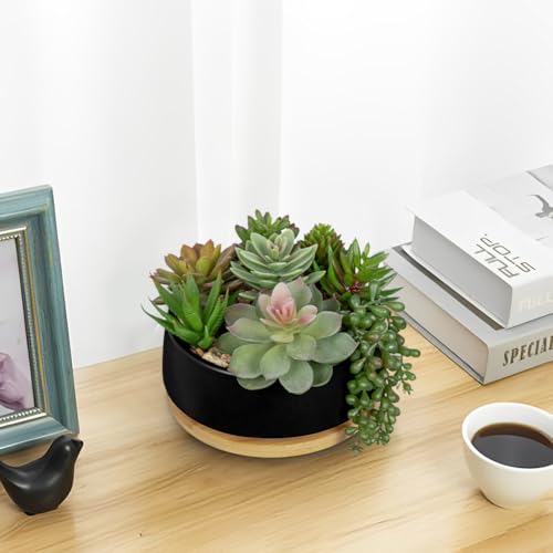 Artificial Succulent Plants in Pot 5.5 Inch Fake Succulents Arrangement Potted Plant in Black Ceramic Planter Bowl with Wood Saucer for Home Office Desk Shelf Living Room Bedroom Bathroom Decor (Black Ceramic With Saucer#style 2)
