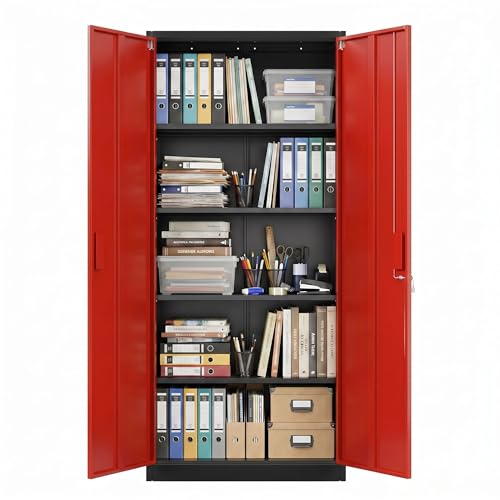 71 Inch Lockable Metal Storage Cabinet (Black & Red / 15.75"D x 31.50"W x 70.87"H)